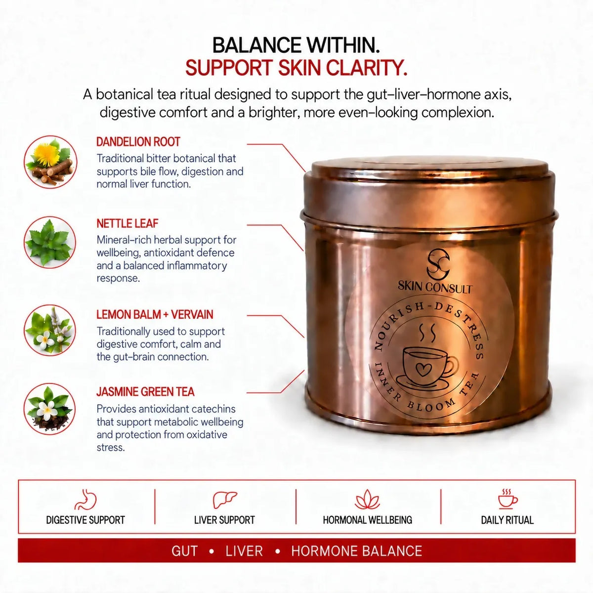 Inner Bloom Herbal Tea | Botanical Blend for Skin Clarity, Hormonal Balance & Detox